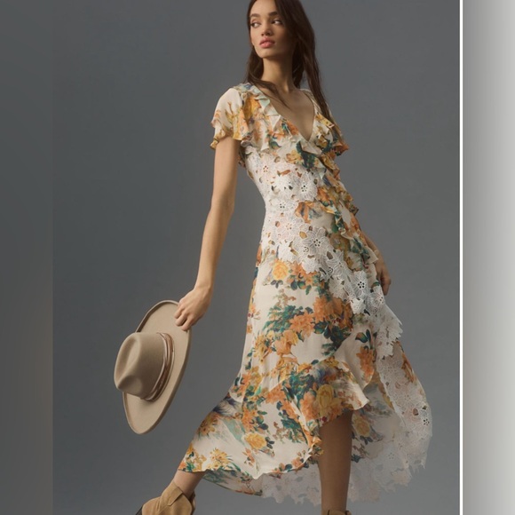 Anthropologie V-neck Ruffle Lace Dress Ivory Combo Floral Hi-Low Maxi Size 6 NWT - Picture 4 of 11